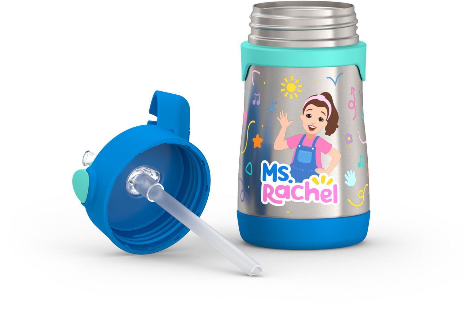 Thermos Baby Vacuum Insulated Stainless Steel 10 Oz Straw Bottle, Ms. Rachel, 10 Oz Bottle, Blue