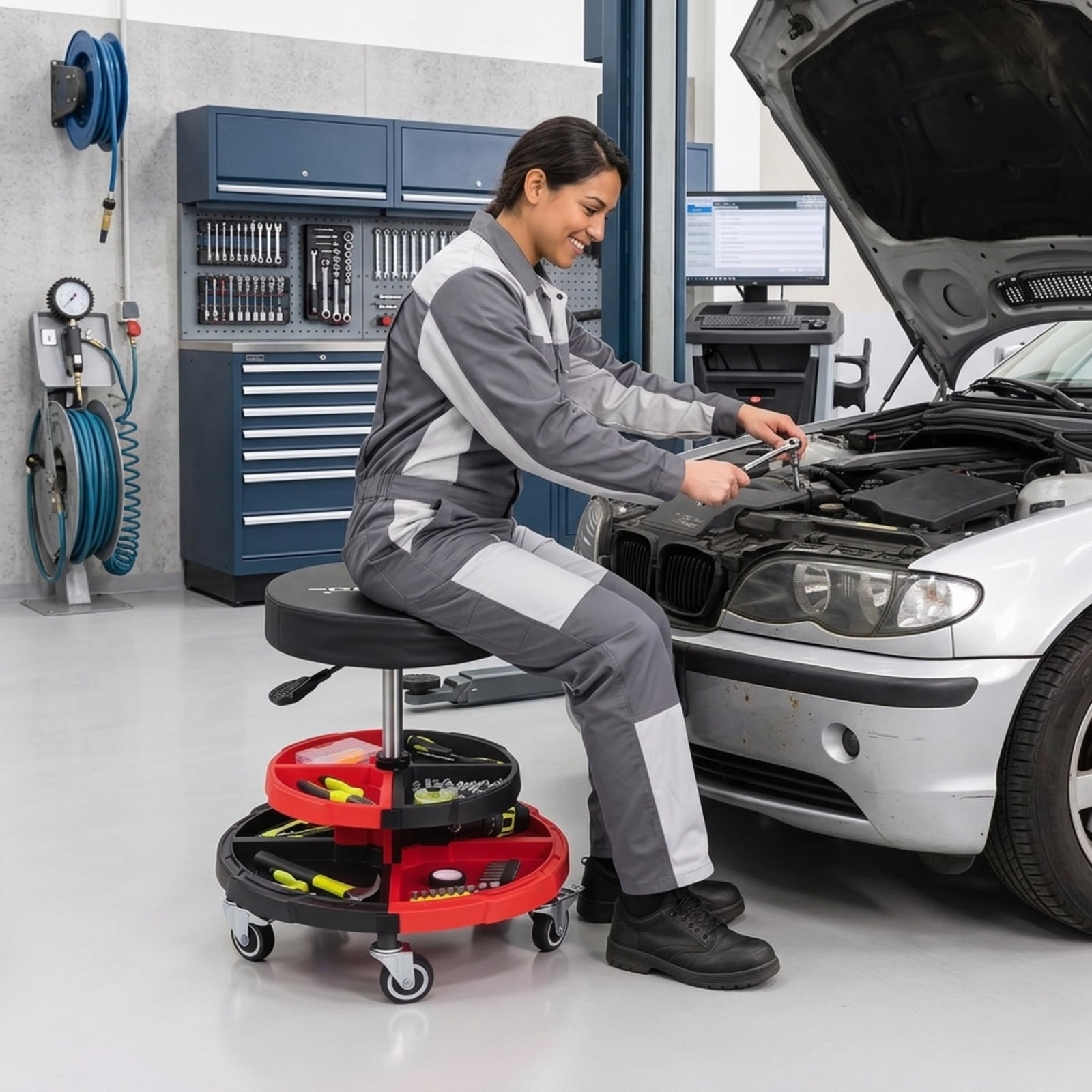 Biotree Rolling Mechanic Stool 23.5" x 20.5" for Auto Repair Workshop Mechanic with Tool Tray for Garage Shop, Red
