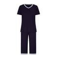 thumbnail image 4 of Zpanxa Womens 2 Piece Sets Summer Outfits 2024 Fashion Two Piece Lounge Matching Set, V-Neck Short Sleeve Tops Capri Pants, Fashion Women Casual Short Sleeve Tops Pajama Sets Purple C XL, 4 of 6