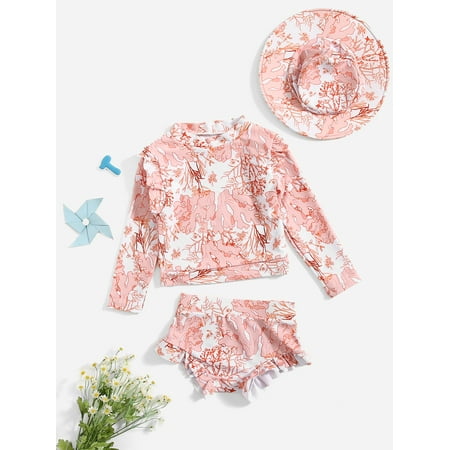 

Toddler Girls Floral Print Ruffle BIkini Swimsuit Swimwear Beachwear Swimsuit Swimwear Beachwear With Hat S221905X Pink 100(3-4Y)