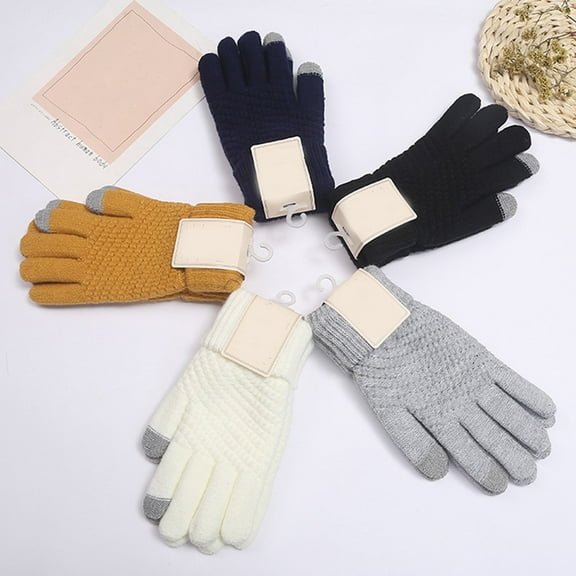 dianhelloya 1 Pair Women Winter Gloves Thick Windproof Plush Knitted Color Matching Elastic Warm Five Fingers Anti-slip Soft Cozy Regular Fit Cycling Gloves Outdoor Gloves White