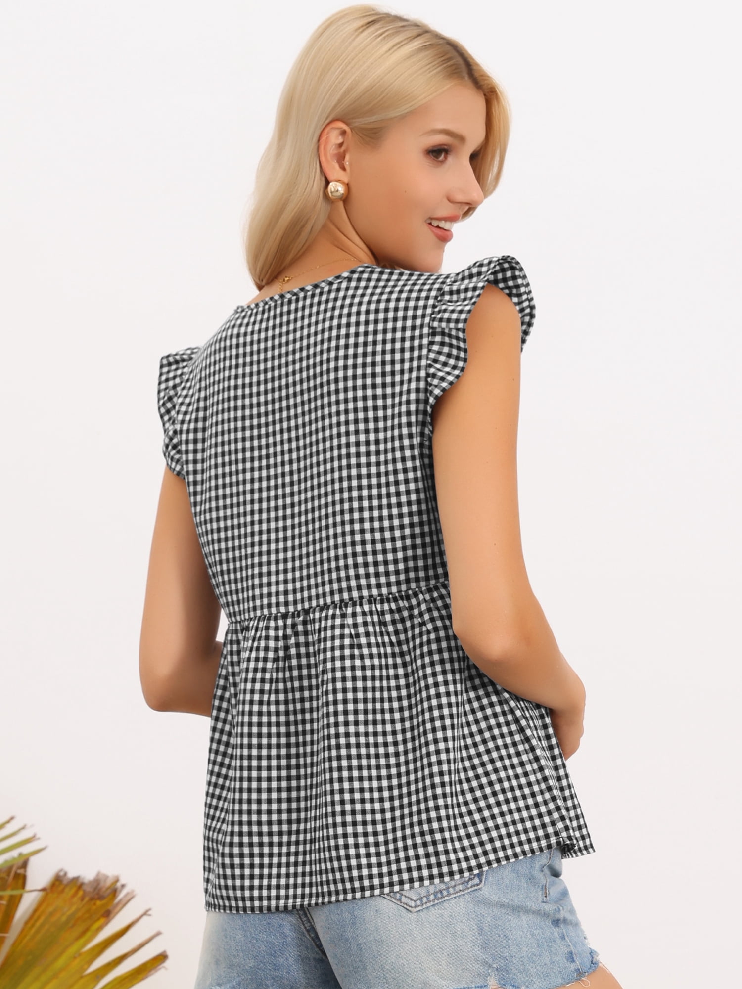 DARING DIVA Women's Gingham Cap Sleeve V Neck Peplum Casual Plaid Tops XL Black