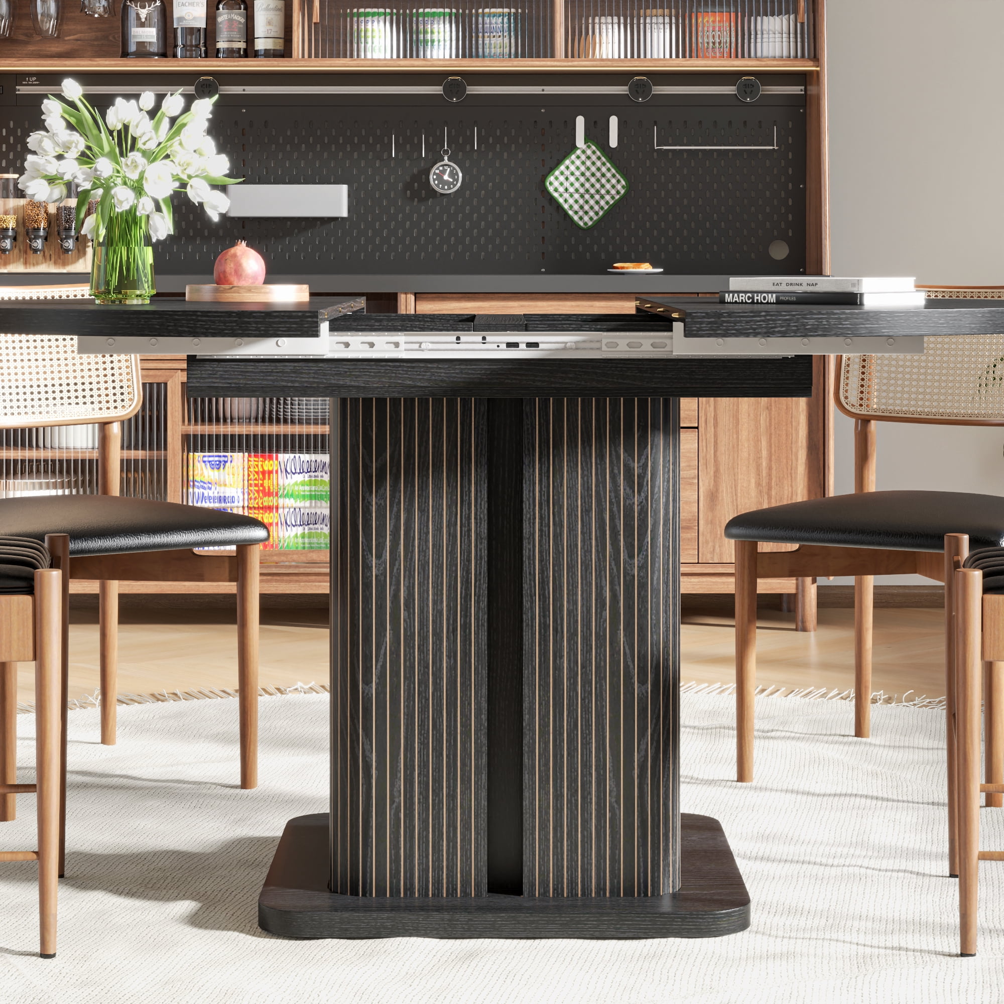 Round Dining Table for 4-8, 43.3''-59'' Extendable Kitchen Table Dinner Table with 2-Layer Storage Shelf and Wood Slide Door for Home Living Room, Black