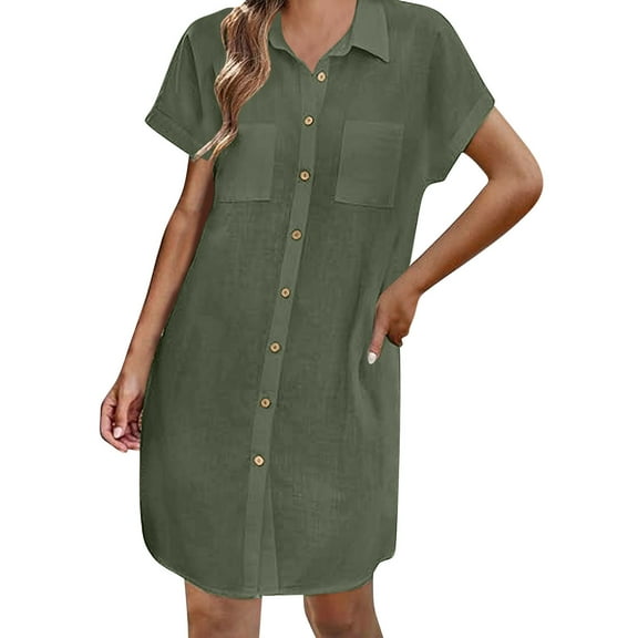 Women Dresses Xqxayjr Women Button Down Shirt Sun Dress Casual V-Neck Mini Tunic Spring Dresses Cotton Linen Short Sleeve Loose Holiday Vacation Dress