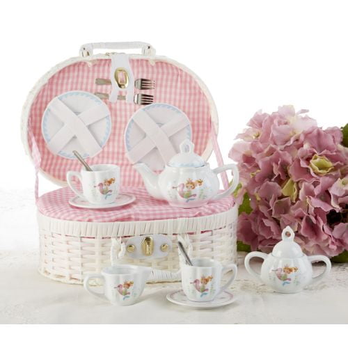 Delton Large Porcelain Tea Set With Basket, Mermaid