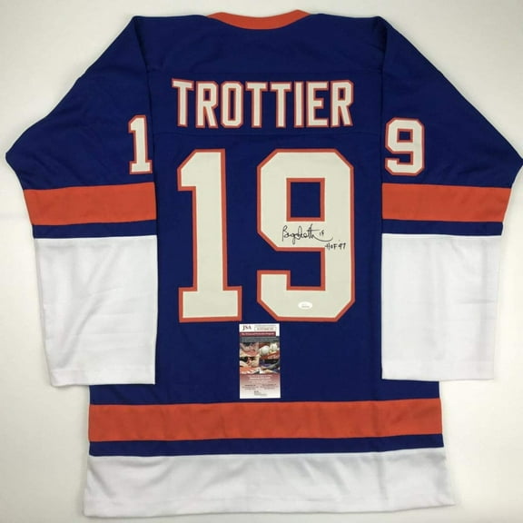 Autographed/Signed Bryan Trottier HOF 97 New York Blue Hockey Jersey JSA COA