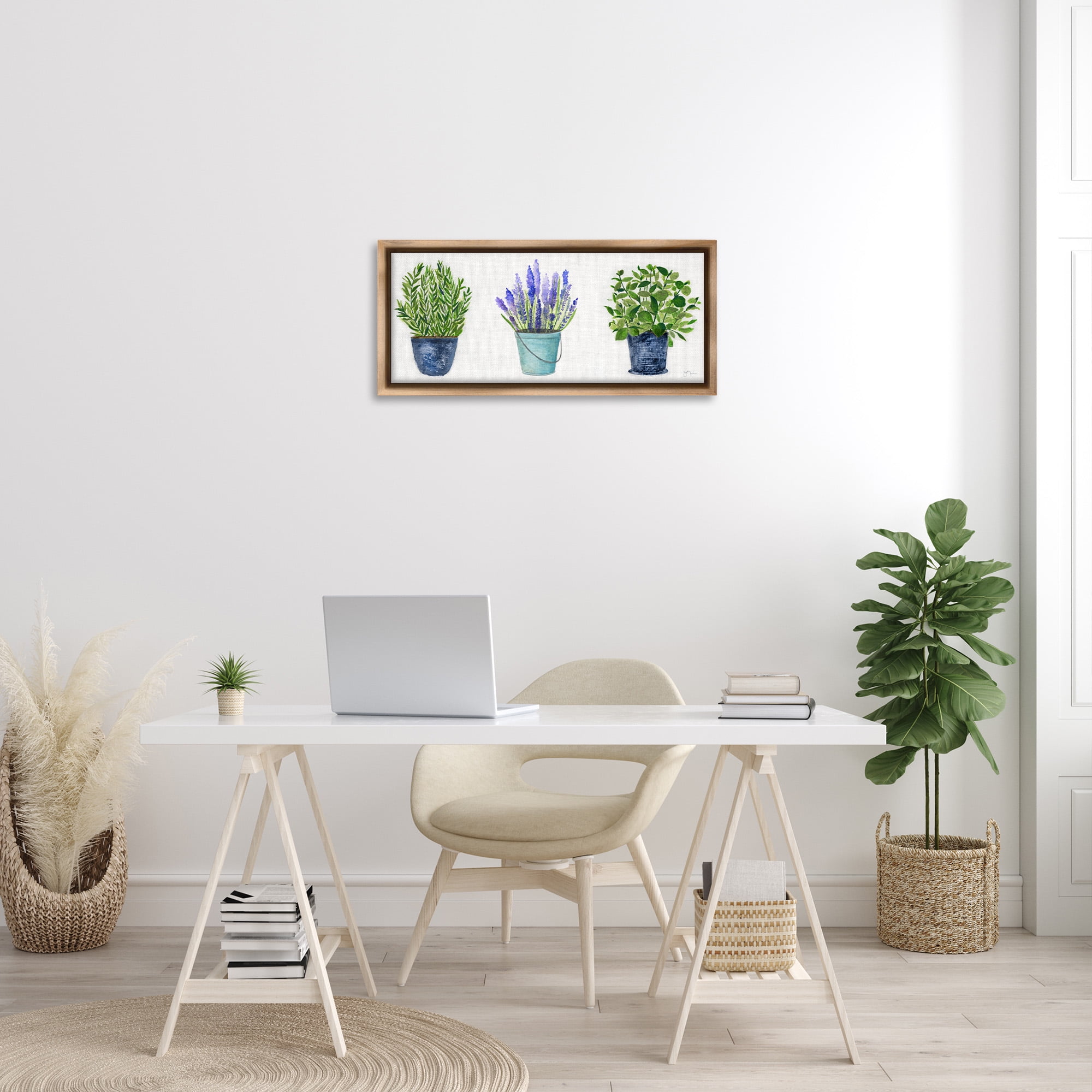 Stupell Industries Varied Potted Plants & Herbs Botanical & Floral Painting Brown Floater Framed Canvas Art Print Wall Art, 31 x 14