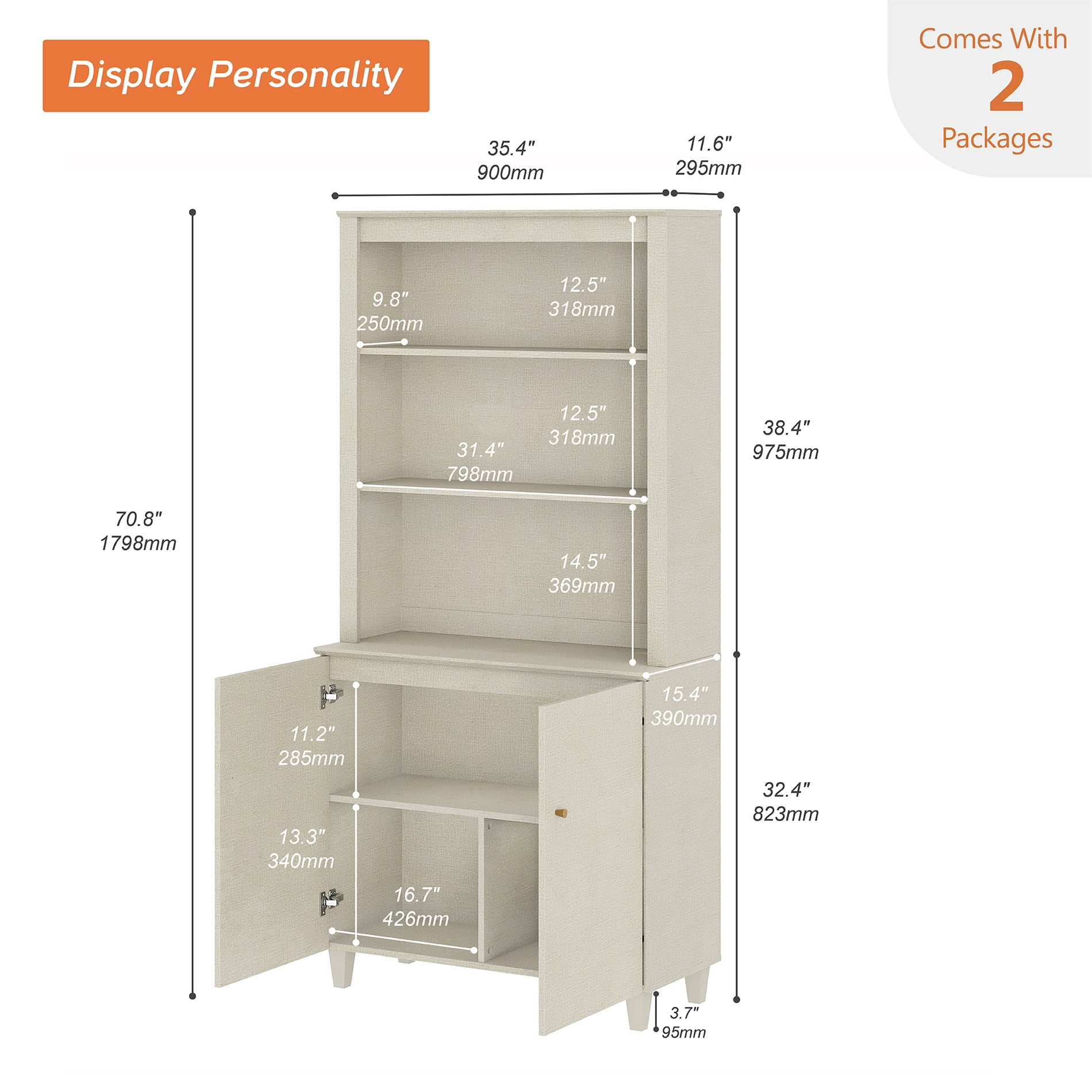 Modern 71" Tall Bookcase with Doors & Storage Cabinet for Home Office,Beige Linen Printed