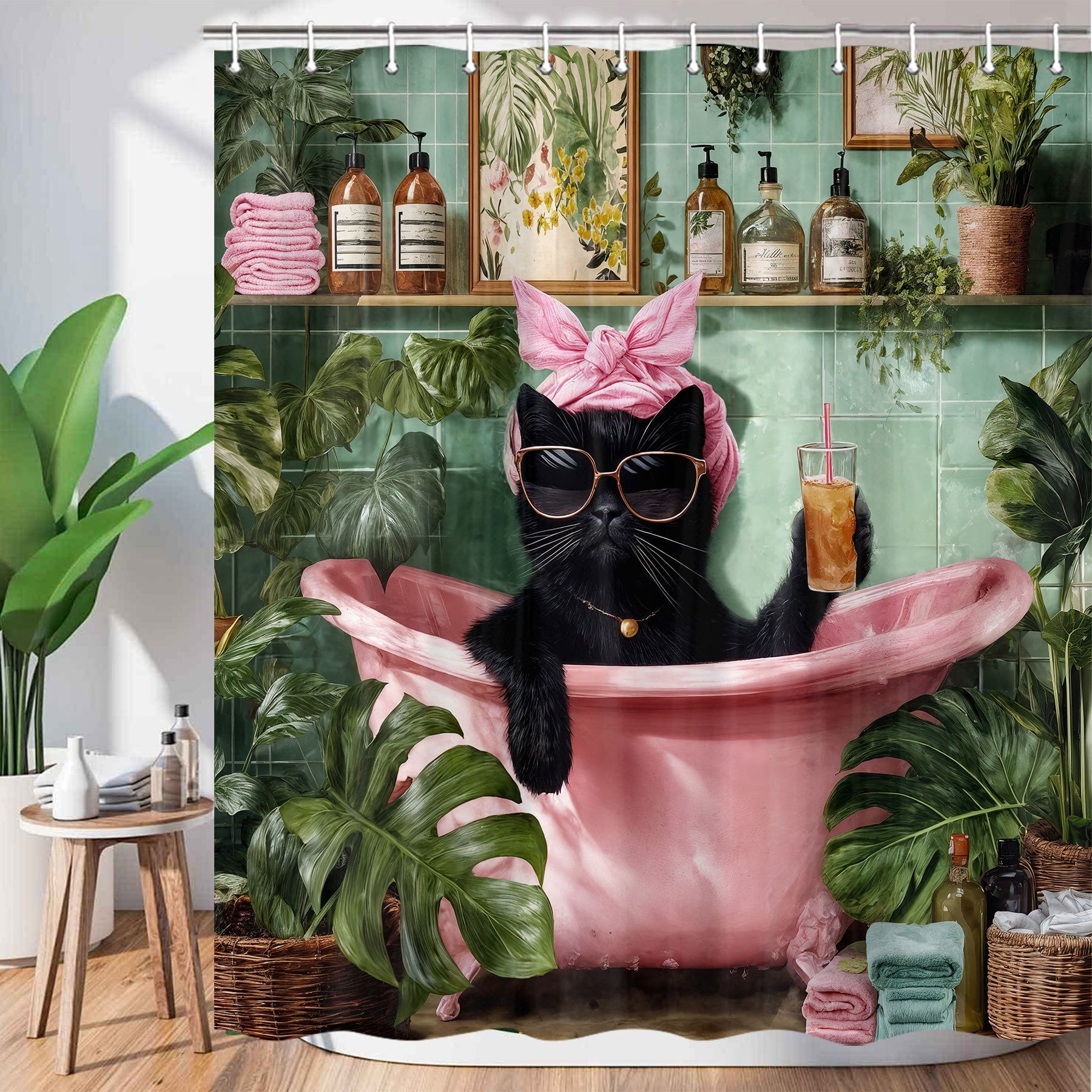 Funny Cat Shower Curtain for Kids, Boho Cute Fun Black Cats in Bathtub Bathroom Decor Shower Curtains Set, Green Tropical Leaves Palm Leaf Plant Waterproof Fabric Bath Curtain Decor, 69X70IN