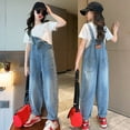 thumbnail image 2 of ibiyuan Girls Denim Overalls Casual Wide Leg Jumpsuit Elastic Waist Suspenders Jeans with Pockets Fashion Personality Pants Sky Blue,10-11 Years, 2 of 7