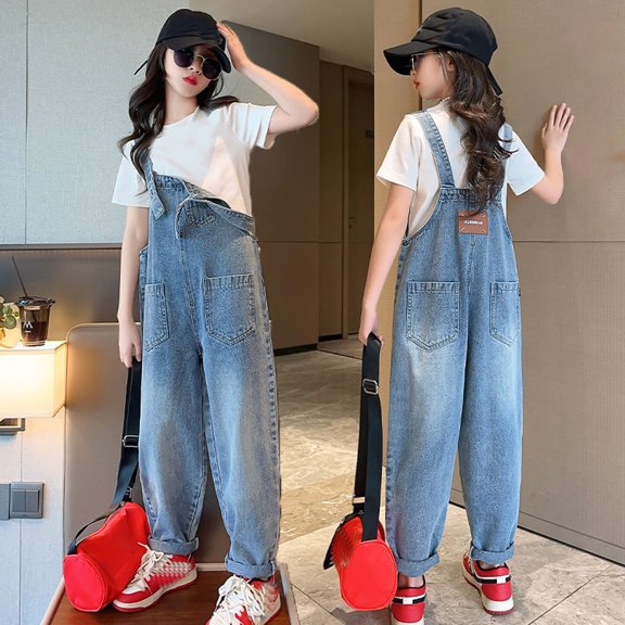 Jeans for Kids Toddler Girls Summer Thin Breathable Elastic Waist Wide Leg Jeans Casual Demin Overalls with Pockets Jeans for Girls Sky Blue 4 Years-5 Years