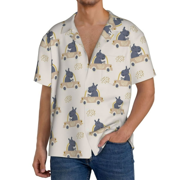 Balery Hippos Driving A Car Camisa Casual de Manga Corta con Botones para Hombre, Texturizada, Estilo Cubano, para Playa, Verano-XX-Large