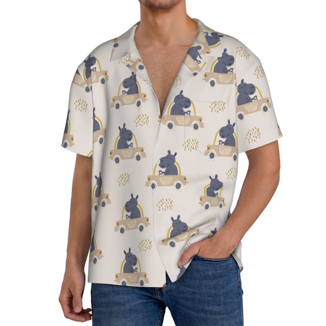 Balery Hippos Driving A Car Camisa Casual de Manga Corta con Botones para Hombre, Texturizada, Estilo Cubano, para Playa, Verano-X-Large