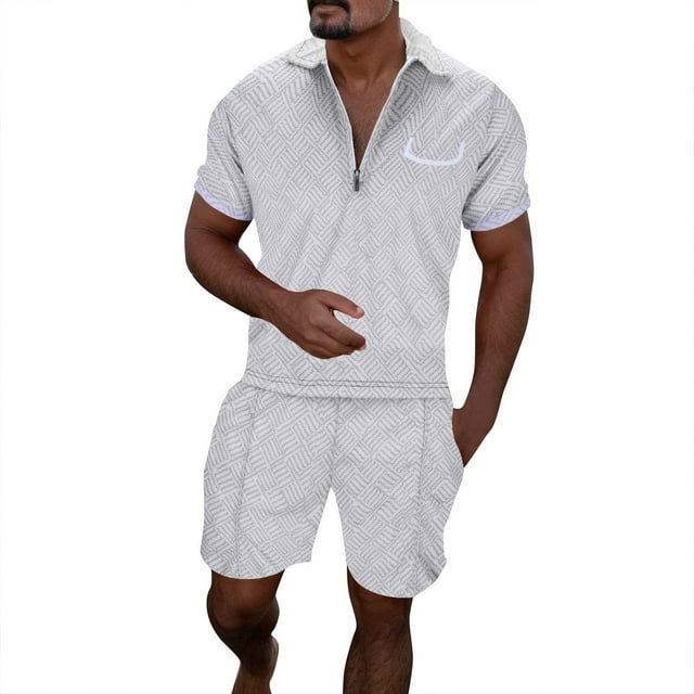 toraway Mens Shirts Light Blue Long Sleeve Male Casual Striped Gradient Ramp Print Two Piece Suit Zipper Short Sleeve Top Blouse Suit Drawstring Pocket Short Set XXL