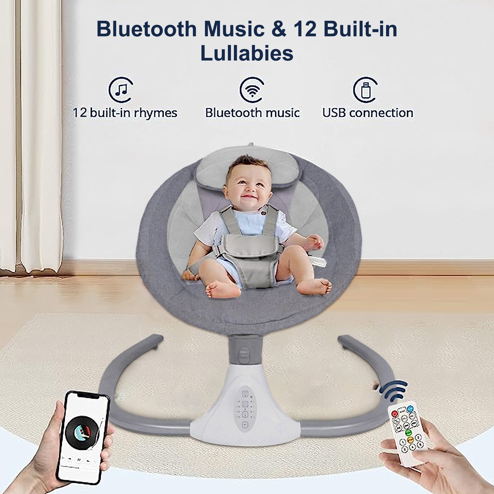 BEJOLO Electric Baby Swing for Infants, Portable Baby Bouncer with Remote Control,bluetooth Music, Gray