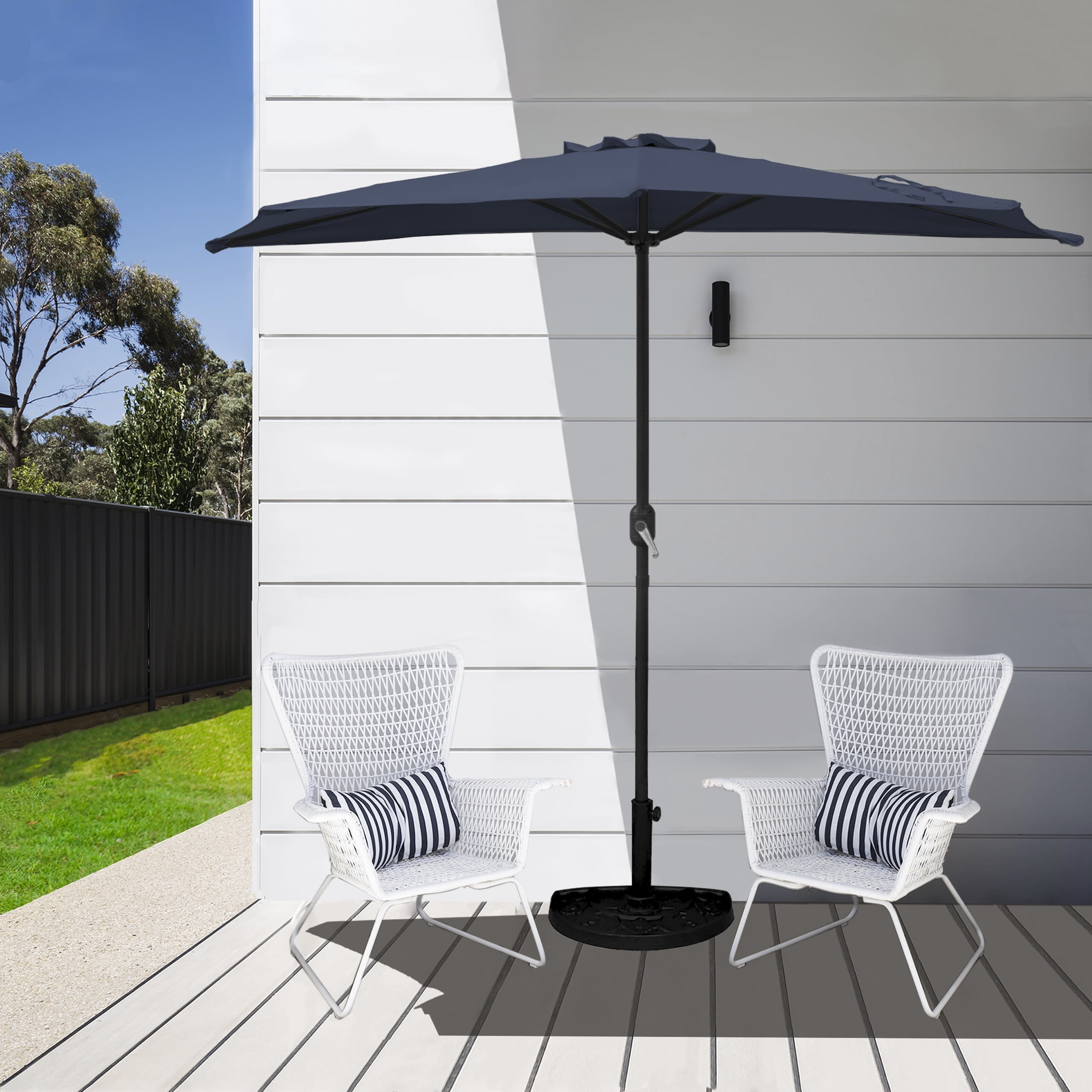 WestinTrends Lanai 9 Ft Outdoor Patio Half Umbrella with Base Include, Small Grill Deck Porch Balcony Shade Umbrella with Crank, 20 inch Fillable Round Base, Navy Blue