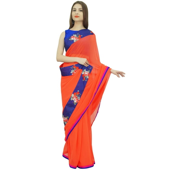 Atasi Indian Traditional Georgette Saree Women's Solid Orange Sari With Blouse Piece