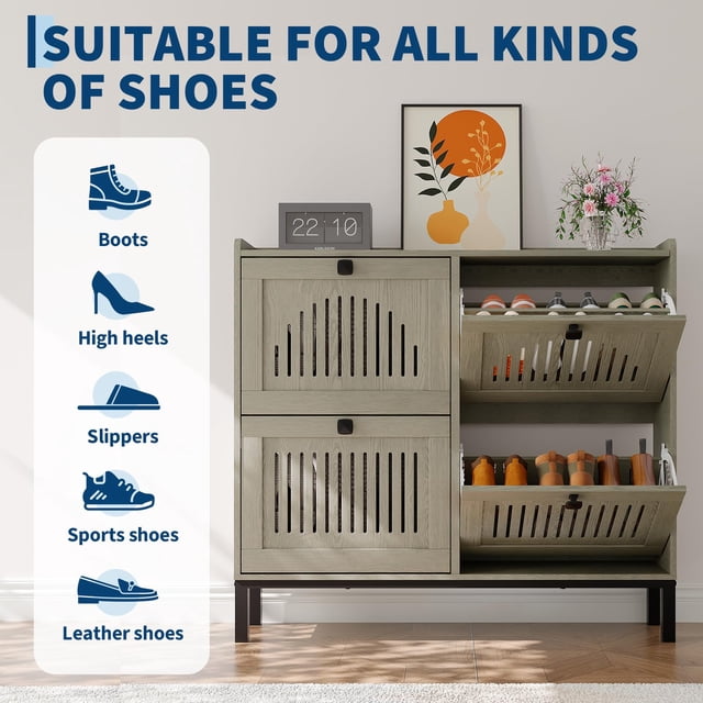 QinaQin 4 Flip Drawer Shoe Storage Cabinet, Hollow Out Panel, Washed Grey
