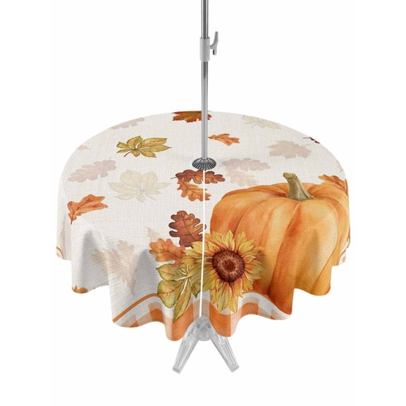 Outdoor Tablecloth with Umbrella Hole and Zipper, Fall Round Table Cloth 54 Inch Waterproof Tablecloth, Orange Pumpkins Thanksgiving Maple Leaf Sunflower Plaid Picnic Table Cover for Patio Camping