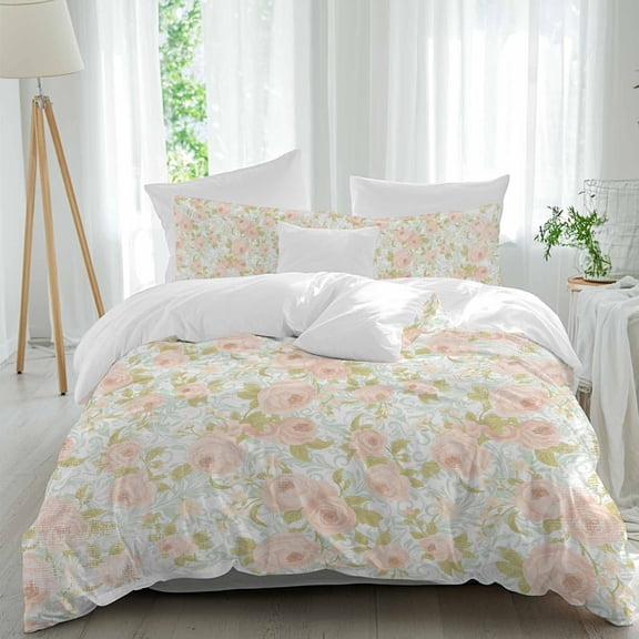 3 Piece Beige Flowers Duvet Cover Set Full Size,Microfiber Comforter/Quilt Cover with Corner Ties and 2 Pillowcases,Farmhouse Botanical Floral Green Leaves All Season Soft Bedding with Zipper Closure