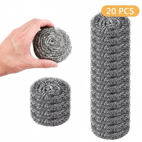 20 Pack Stainless Steel Scouring Pads, Flexible Reusable Steel Wool Scrubber Balls, Multipurpose Silver Scourers for Household Cleaning