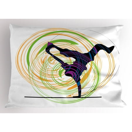 Hip Hop Pillow Sham Breakdancer on Single Hand Stand Silhouette with Spiral Form Ornaments Themed Print, Decorative Standard Size Printed Pillowcase, 26 X 20 Inches, Multicolor, by
