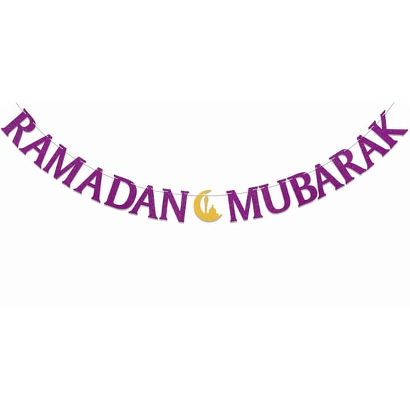 Ramadan Mubarak Banner - Muslim Ramadan Mubarak Decor, Ramadan Kareem Decor, Eid Mubarak Banner, Islamic Eid Decorations Purple Glitter