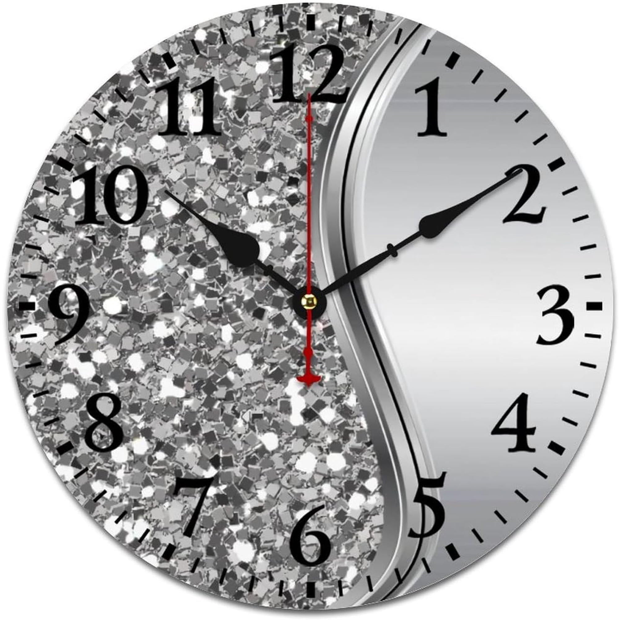 Mvirnsw Wall Clock, Silver Faux Glitter Glam Bling Wall Clocks Battery Operated Silent Non Ticking