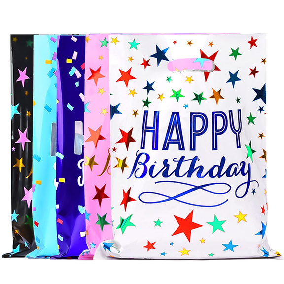 100 Pack Bulk Happy Birthday Goodie Bags, 6.6 x 9.8 inches Colorful Star Party Favor Bags for Boys & Girls Birthdays