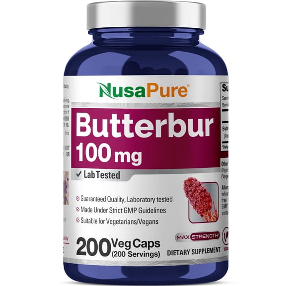 NusaPure Butterbur Extract 100mg per caps 200 Veggie Capsules (Non-GMO, Vegetarian, Vegan)