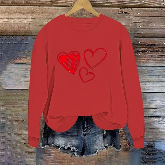 SYMOID Womens Red Heart Print Love Themed Sweatshirt - 100% Polyester Long Sleeve Loose Fit Casual Pullover (XS-XL) for Daily & Valentine's Day,Size L
