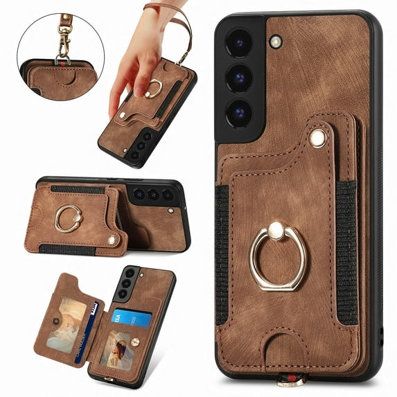 Allytech Galaxy S22 Case Wallet, RFID Blocking Multiple Cards Slots Ring Holder Stand Shockproof Protective Hand Wrist Wallet Case Cover for Samsung Galaxy S22 - Brown