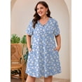 thumbnail image 5 of SHOWMALL Women's Plus Size Short Sleeve Dress with Pockets, Criss Cross V-Neck Casual T-Shirt Dress, Sky Blue Lily Botanical 2X Summer Vacation Beach Dress, 5 of 8