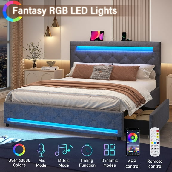 LED Bed Frame Queen Size with 4 Storage Drawers 2 USB Ports and Outlets, Adjustable Upholstered Headboard, Solid Wooden Slat Support, No Box Spring Needed