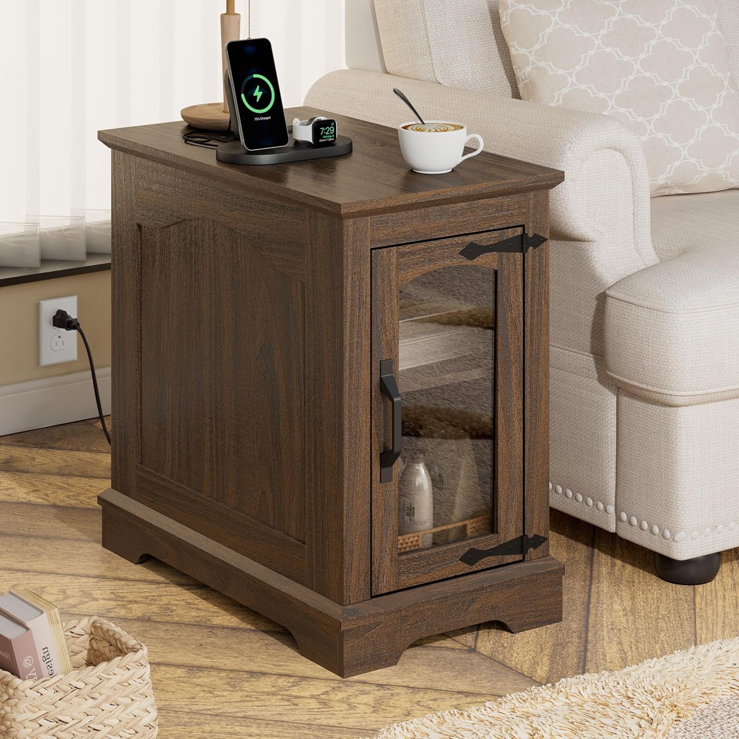 (2 pack) RTC GROUP Narrow Farmhouse End Table with Charging Station, Bedside Table with Storage Cabinet, 2 AC Outlets & 2 USB Ports, Side Table for Bedroom, Living Room, Couch or Sofa, Walnut