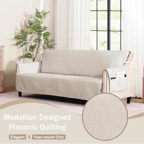 Beige Quilted Loveseat Slipcover for 2-Cushion Sofa, Water-Resistant and Machine Washable Pet-Friendly Couch Cover, Furniture Protector for Living Room (48 Inch)