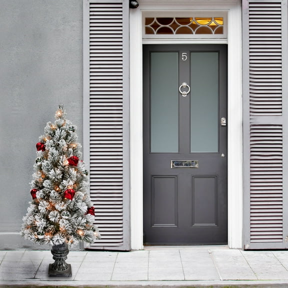 National Tree Company 5 ft. Pre-Lit Artificial Snowy Bristle Pine Christmas Entrance Tree, Green, Red and Silver Ornaments, 100 Clear Lights, Black Silver Pedestal Urn Base