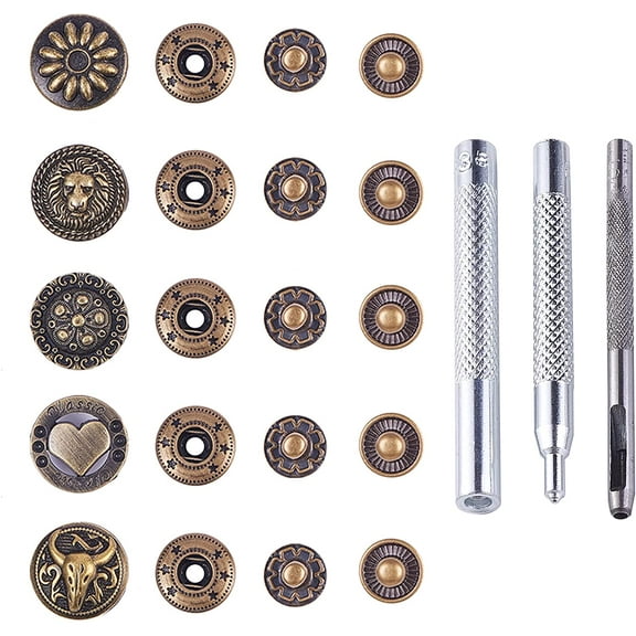 30 Set Leather Snap Fasteners Kit 0.66inch Metal Button Snaps Press Studs with Eyelets Installation Tools Bronze Leather Snaps for Clothes Jackets Jeans Wears Bracelets Bags