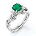 thumbnail image 3 of JeenMata Leaf Branch Vine - 1.0 TCW Cushion Cut Lab Created Emerald - Solitaire Prong Wedding Ring Set - 18K White Gold Plating over Silver, 3 of 7