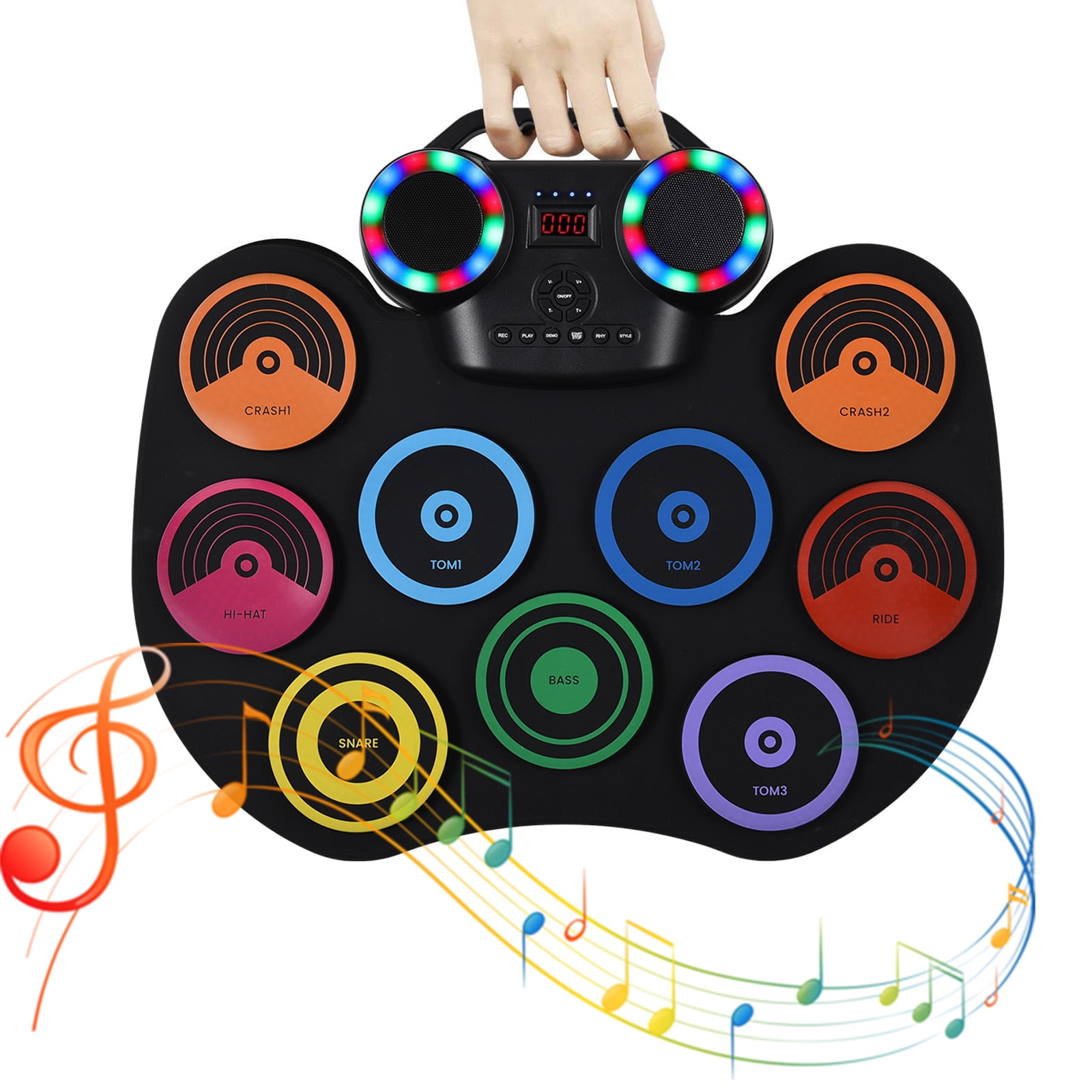 Portable Electric Drum Set - 9 Pads, Built-in Speaker, LED Display with Colored Lights - Includes 2 Drum Sticks, 2 Foot Pedals - USB or Battery Powered - Perfect Holiday or Birthday Gift - Enjoy the J