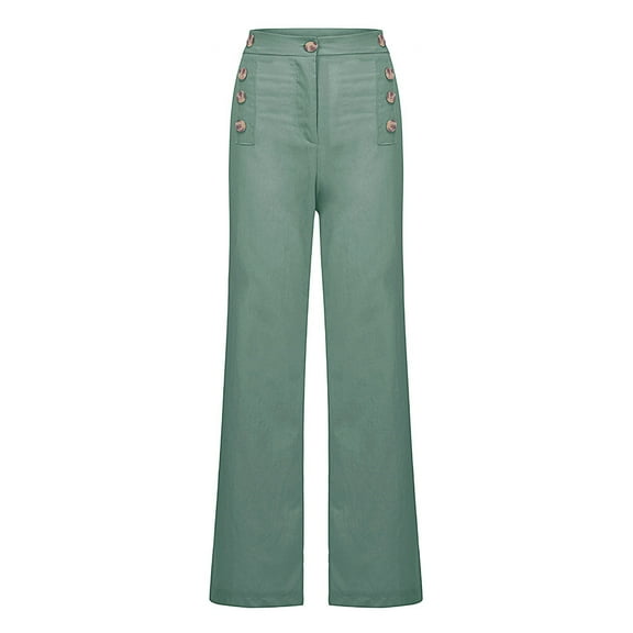 LEBONYARD Clearance Pants for Women under $10,Women Versatile Temperament Comfort Cotton and Linen Solid Button Pants Green S