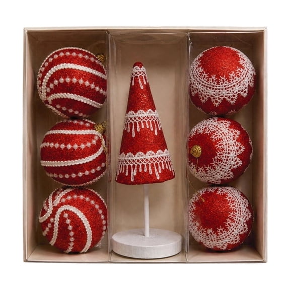 7pcs Glitter Christmas Ornaments Set, 6pcs Foam Christmas Balls and 1pcs Mini Xmas Tree for Holiday Party Home Decor