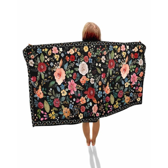 Watercolor Flowers Beach Towels Oversized Super Absorbent, Farmhouse Floral Vintage Black Lightweight Bath Towel Quick Dry Sets For Bathroom/Pool/Rv Camping/Beach Play/Gym Room/Picnic 23"x47"