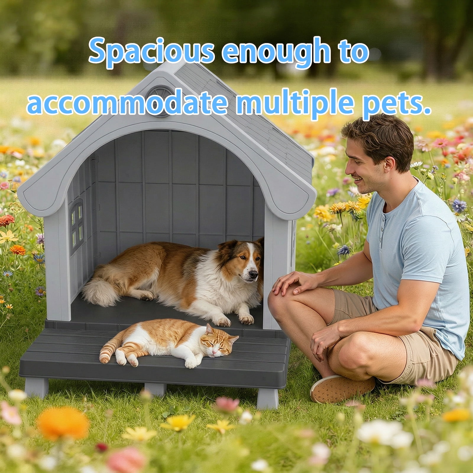 Fazzn Elevated Resin Dog House with Porch, Weatherproof Outdoor Pet Shelter for Small to Medium Dogs, Easy Assembly & Durable.Black
