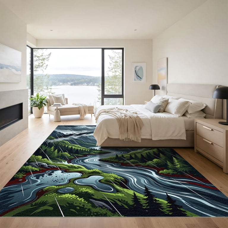 ODIKA 5'x7' Machine Washable Non-Slip Area Rug, Moody Dark Green
