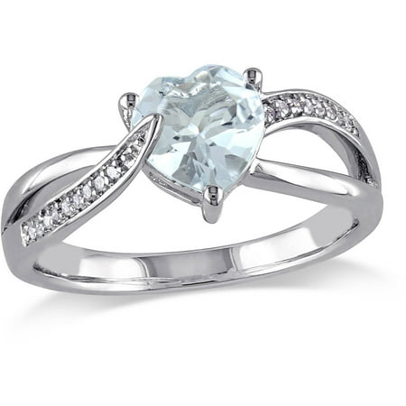 1-1/2 Carat T.G.W. Aquamarine and Diamond-Accent Sterling Silver Cross-Over Heart Ring