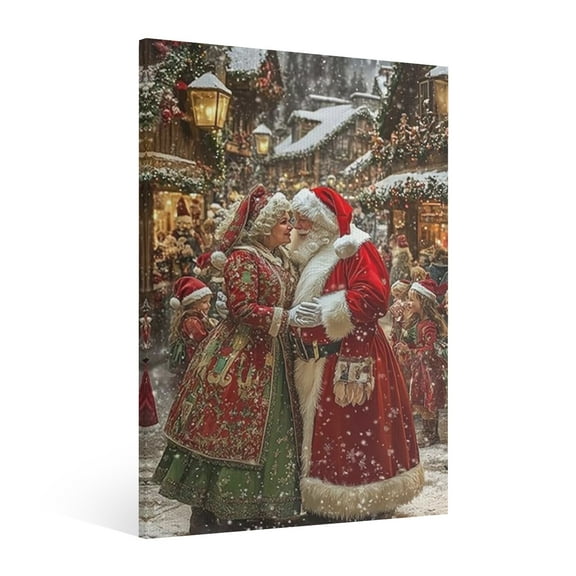 Vintage Christmas Santa Claus and Mrs. Christmas Wall Art Paint - Retro Xmas Festive Winter Holiday Christmas Wall Decor Canvas for Living Room Kitchen Bathroom Home Bedroom Decor Framed