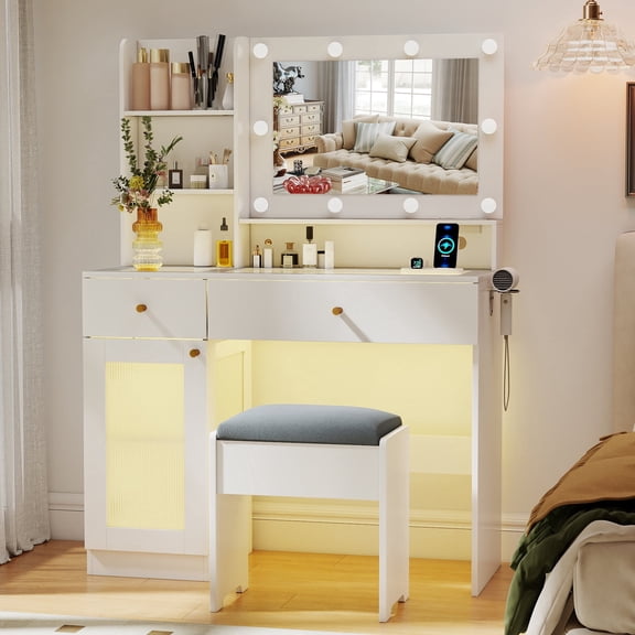 40" Vanity Desk with Mirror and LED Lights, Makeup Vanity Table with Charging Station, Glass Top, Storage Cabinet and Drawers