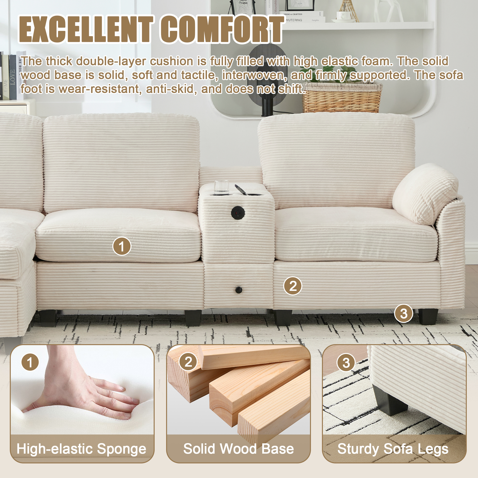 MOONMISS Corduroy Upholstered L-Shaped 4-seater Storage Multifunctional Sectional Sofa with Storage Ottoman-Beige