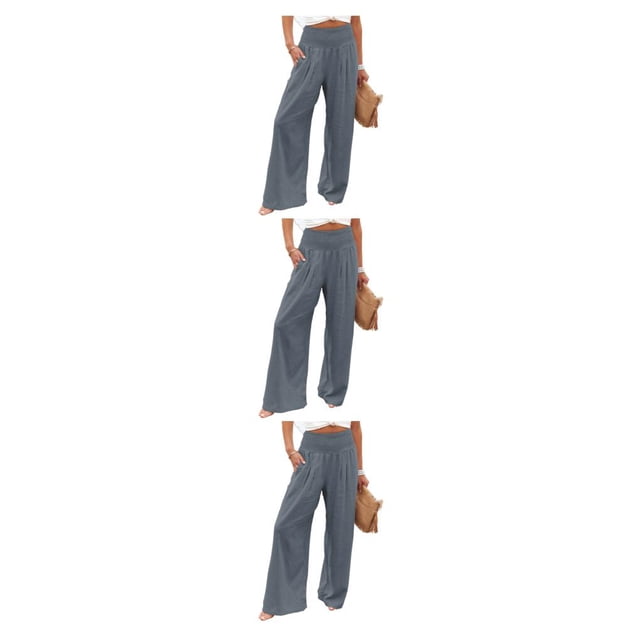 Pantalones Qarigey Mujer Verano Primavera Casual Pierna Ancha Cintura Alta Elástico Gris L